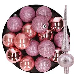 Foto van 24x stuks kunststof kerstballen 6 cm inclusief glitter piek roze - kerstbal