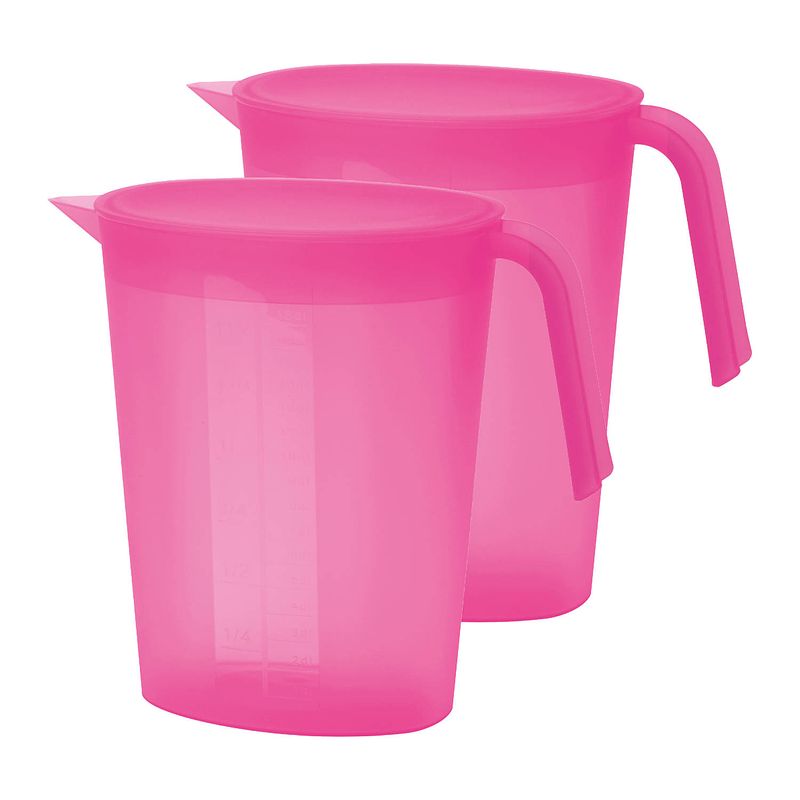 Foto van Juypal schenkkan/waterkan - 2x - fuchsia roze - 1,75 liter - kunststof - l22 x h20 cm - met deksel - schenkkannen