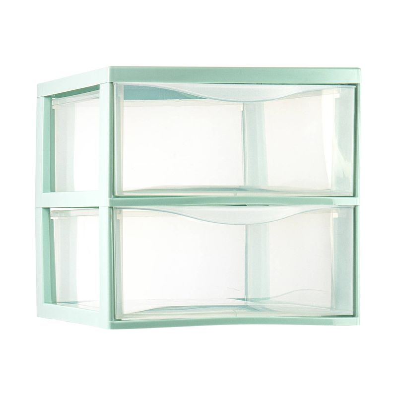 Foto van Plasticforte ladeblokje/bureau organizer 2x lades - transparant/mintgroen - l26 x b36 x h25 cm - ladeblok