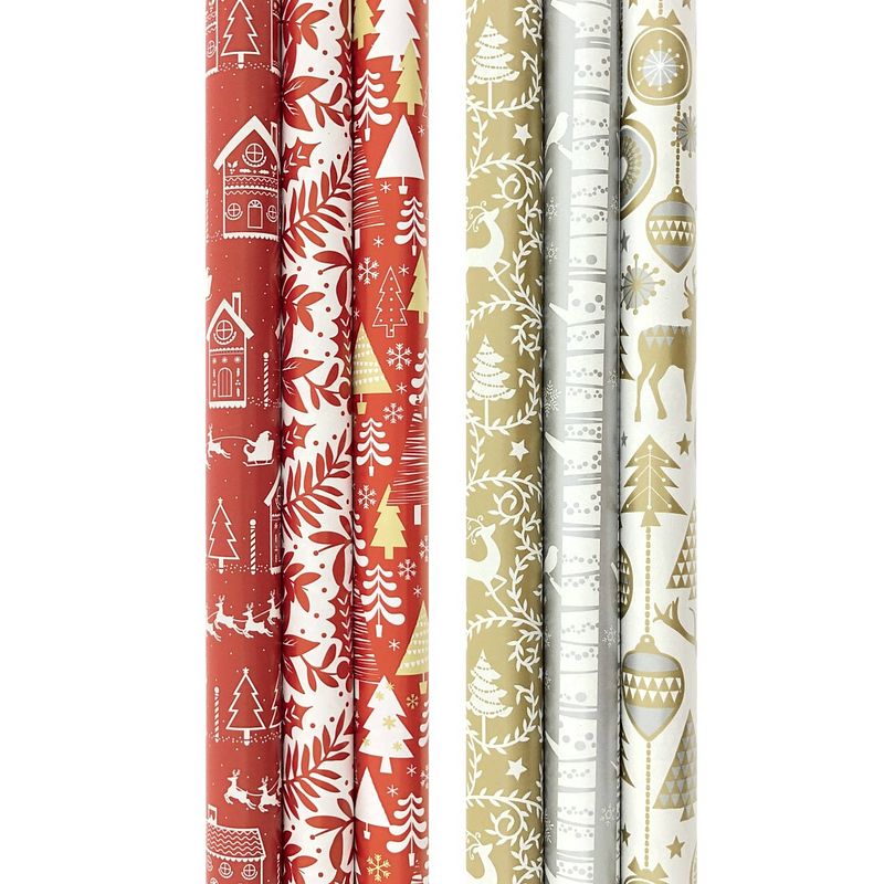 Foto van Assortiment rood en goud - zilverkleurig luxe kerstpapier inpakpapier cadeaupapier - 200 x 70 cm - 6 rollen