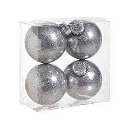 Foto van 4x stuks kunststof kerstballen met glitter afwerking zilver 8 cm - kerstbal