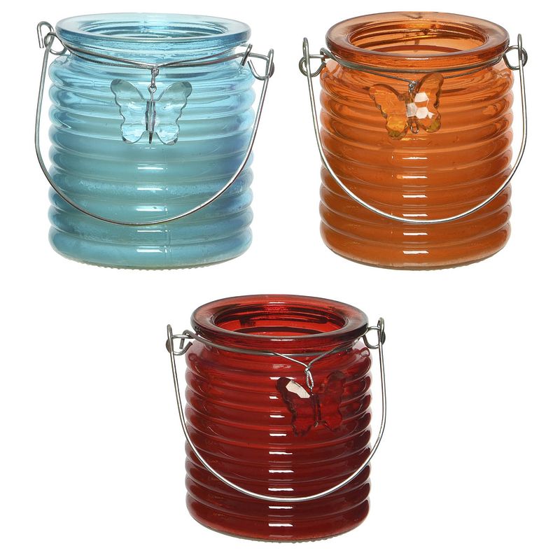 Foto van Set van 3x stuks citronella anti muggen kaarsen windlicht blauw, oranje en rood 20 branduren - geurkaarsen