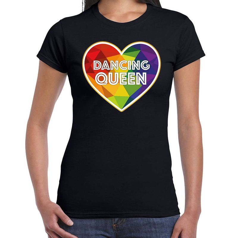 Foto van Bellatio decorations gay pride shirt - dancing queen - regenboog - dames - zwarta  xs - feestshirts