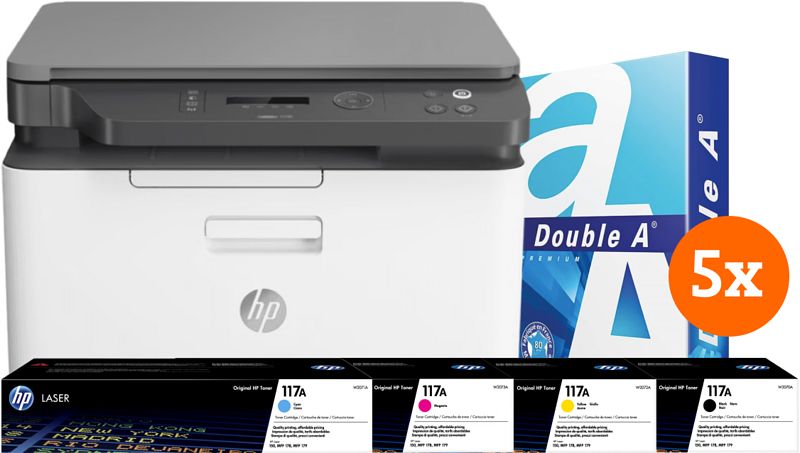 Foto van Hp color laser mfp 178nw + 1 extra set toners + 2.500 vellen a4 papier