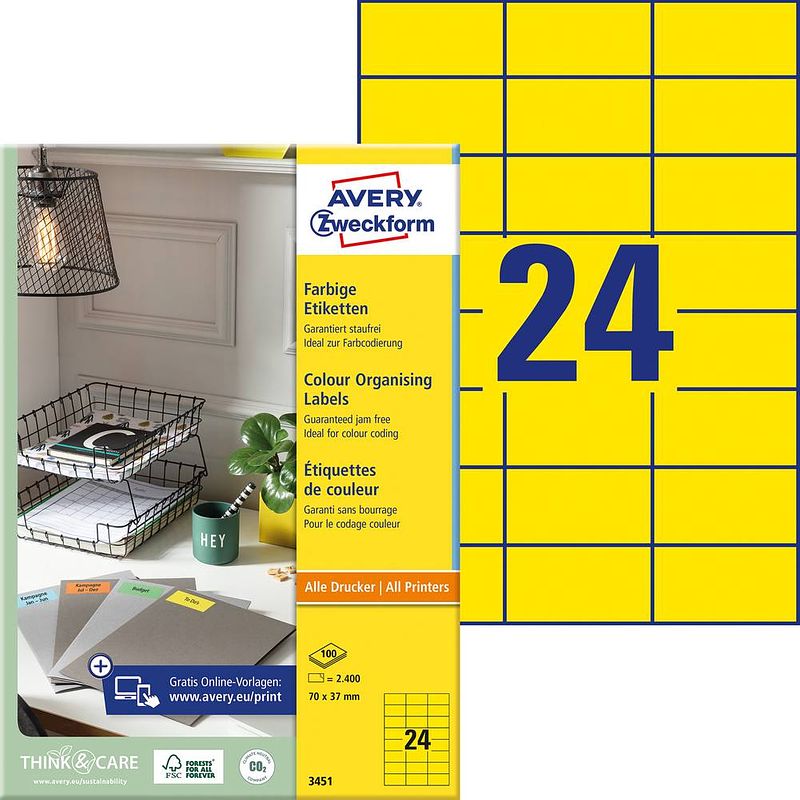 Foto van Avery gekleurde universele etiketten ft 70 x 37 mm (b x h), 2.400 stuks, geel