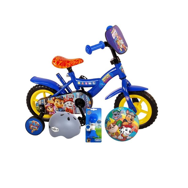 Foto van Volare kinderfiets paw patrol - 10 inch - blauw - doortrapper - met fietshelm & accessoires