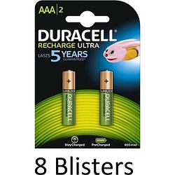 Foto van 16 stuks (8 blisters a 2 st) duracell aaa oplaadbare batterijen - 850 mah