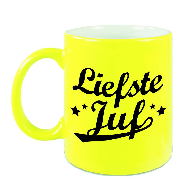 Foto van Liefste juf cadeau mok / beker neon geel 330 ml - feest mokken