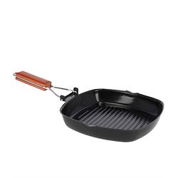 Foto van Zwarte grillpan 25 cm met anti-aanbak laag en houten handvat - grillpannen - vlees/voedsel grillen - koekenpannen