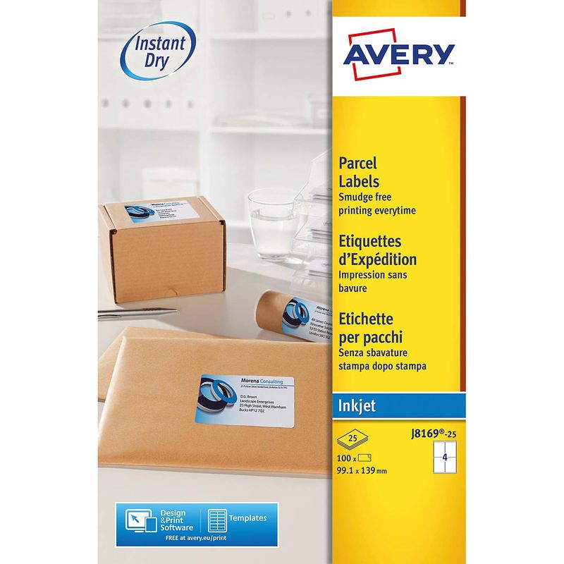 Foto van Avery witte etiketten inkjet quickdry ft 99,1 x 139mm, 100 stuks, doos van 25 vel met ronde hoeken