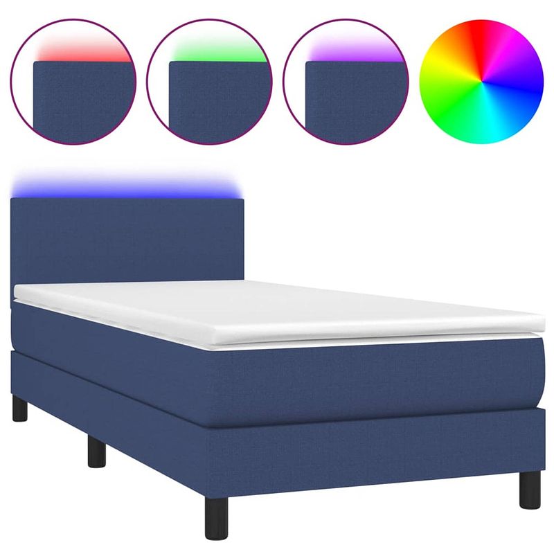 Foto van The living store boxspring - led - 90x200 - blauw stof - verstelbaar hoofdbord - pocketvering matras - huidvriendelijk