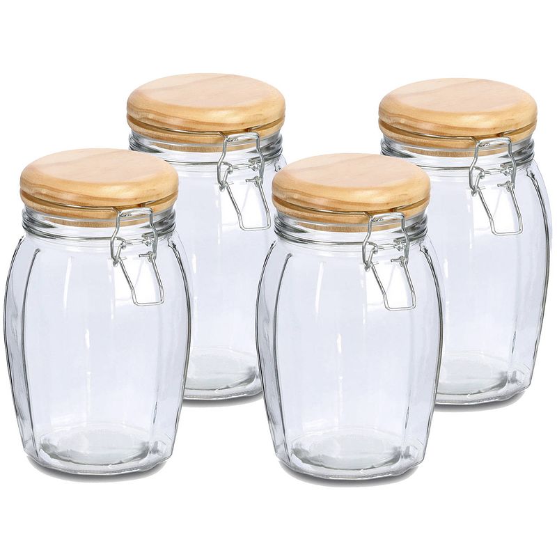 Foto van Zeller voorraadpotten/bewaarpotten - 4x - 1.2l - glas - met beugelsluiting - d12 x h19 cm - voorraadpot