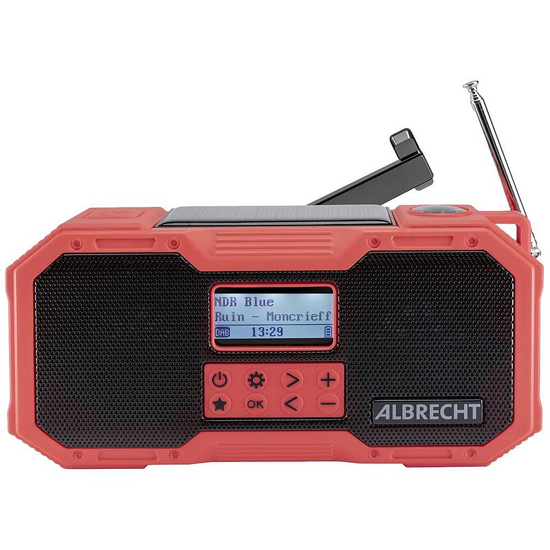 Foto van Albrecht dr 112 outdoorradio dab+, vhf (fm) dab+, fm, usb, aux, bluetooth accu laadfunctie, handslinger, zonnepaneel, spatwaterbestendig, stofvast, zaklamp,