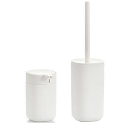 Foto van Wc/toiletborstel in houder met zeeppompje - kunststof - wit - toiletborstels