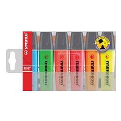 Foto van Markeerstift stabilo boss original plastic etui van 6 stuks: geel, groen, oranje, roze, blauw en rood