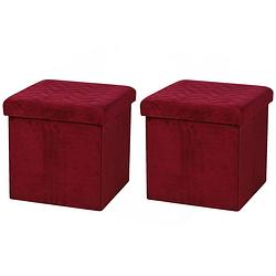 Foto van Urban living poef/hocker - 2x - opbergbox zit krukje - velvet rood - polyester/mdf - 38 x 38 cm - opvouwbaar - poefs