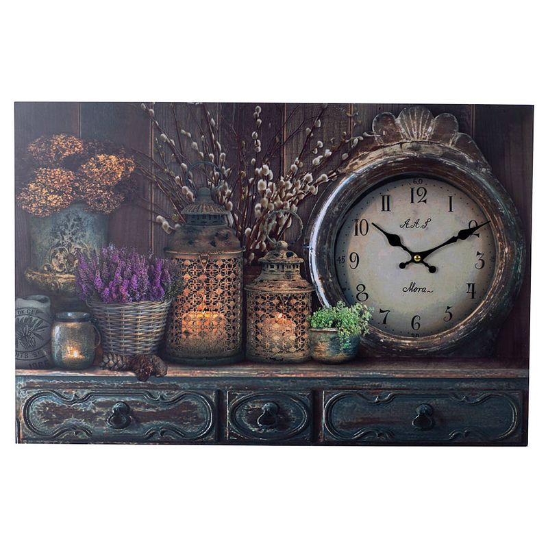 Foto van Xl canvas schilderij wandklok cabinet clock lantarn candle en flowers