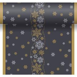 Foto van Kerst thema tafellopers/placemats zwart met glitter sneeuwvlokken 40 x 480 cm - tafellakens