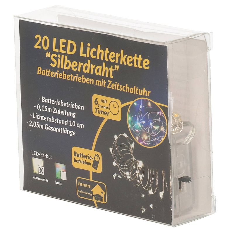 Foto van Draadverlichting zilver met warm witte led lampjes 2 meter op batterijen met timer - lichtsnoeren