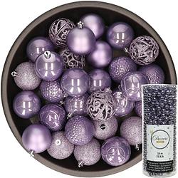 Foto van 37x stuks kunststof kerstballen 6 cm inclusief kralenslinger lila paars - kerstbal