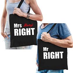 Foto van Katoenen tassen zwart mrs always right en mr right volwassenen - feest boodschappentassen