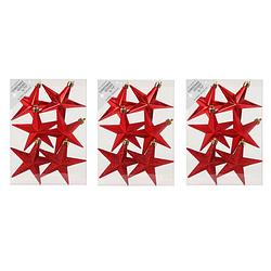 Foto van 18x stuks kunststof kersthangers sterren rood 10 cm kerstornamenten - kersthangers