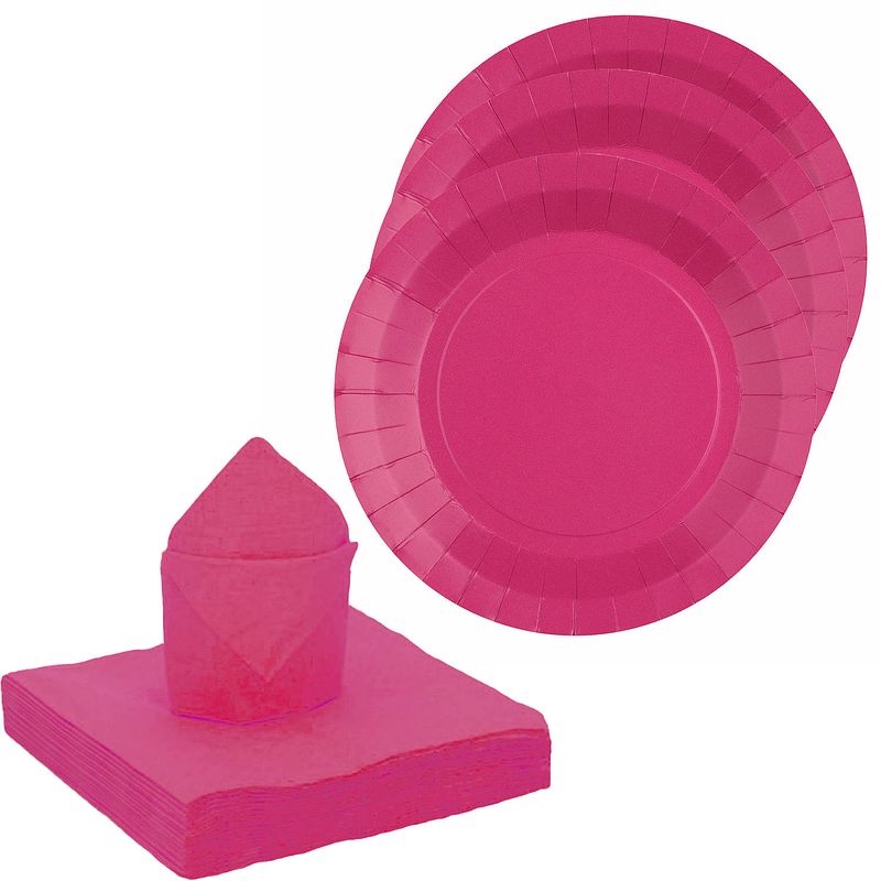 Foto van Santex servies set karton - 20x bordjes/25x servetten - fuchsia roze - feestbordjes