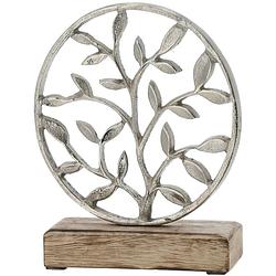 Foto van Decoratie levensboom rond van aluminium op houten voet 20 cm zilver - beeldjes