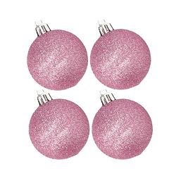Foto van 4x stuks kunststof glitter kerstballen roze 10 cm - kerstbal
