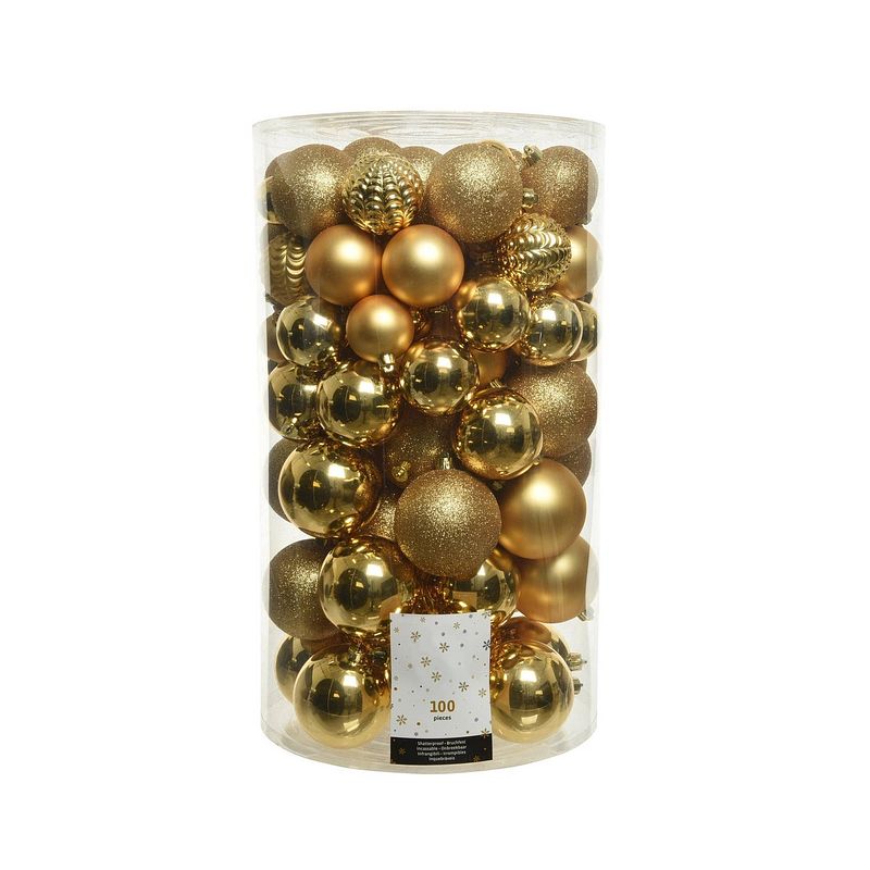 Foto van Parya home - kerstballen set - 100 stuks - kunststof - goud - diverse maten