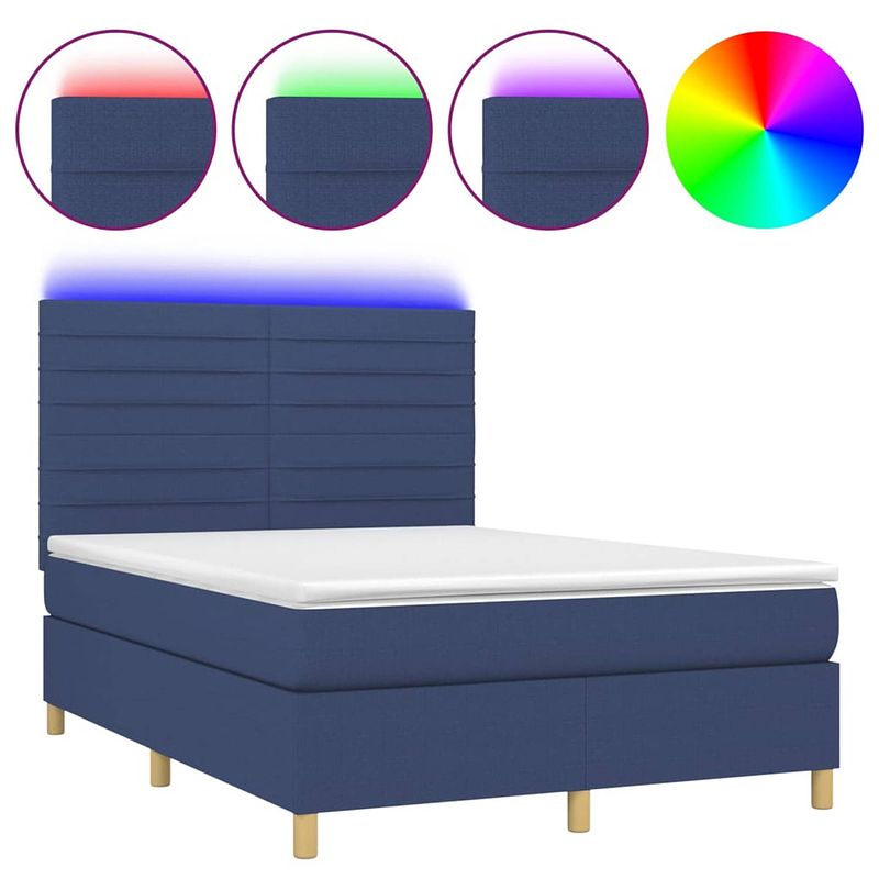 Foto van The living store boxspring - led - blauw - 203 x 144 x 118/128 cm - pocketvering matras - huidvriendelijk topmatras