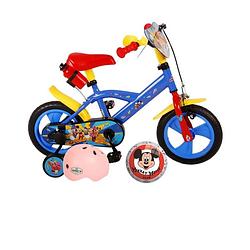 Foto van Volare kinderfiets mickey mouse - 12 inch - doortrapper - met bidonhouder + inclusief fietshelm + accessoires