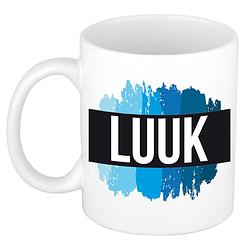 Foto van Naam cadeau mok / beker luuk met blauwe verfstrepen 300 ml - naam mokken