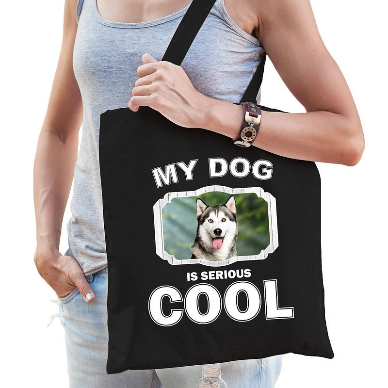 Foto van Katoenen tasje my dog is serious cool zwart - husky honden cadeau tas - feest boodschappentassen