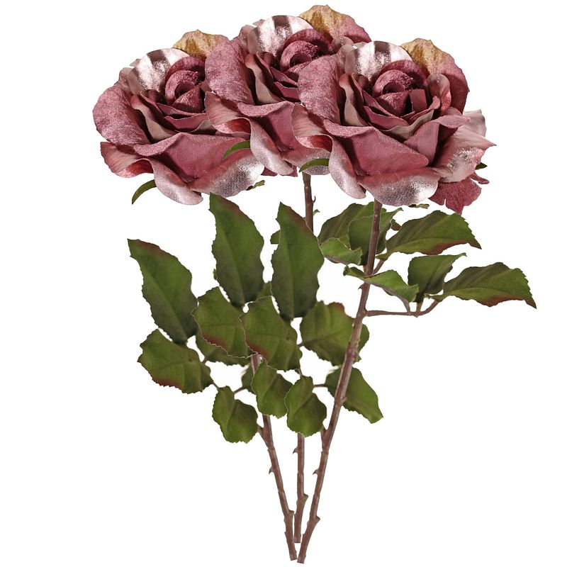 Foto van Top art kunstbloem roos glamour - 3x - donker roze - satijn - 61 cm - kunststof steel - decoratie bloemen - kunstbloemen