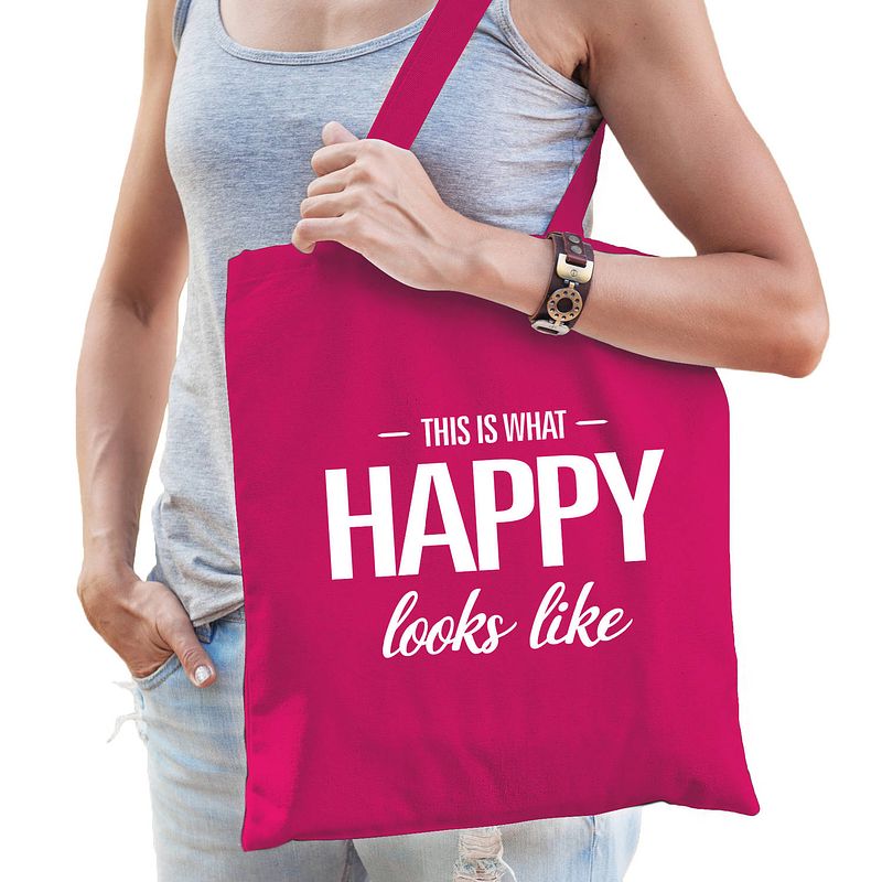 Foto van This is what happy looks like cadeau tas roze voor dames - feest boodschappentassen