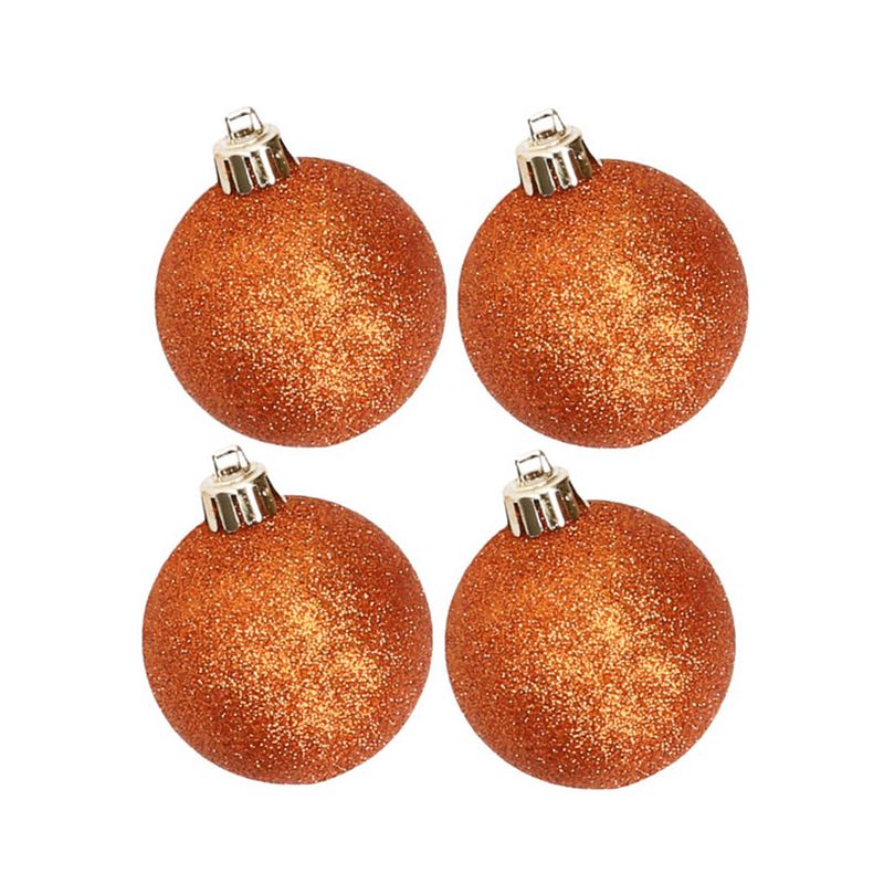 Foto van 4x stuks kunststof glitter kerstballen oranje 10 cm - kerstbal