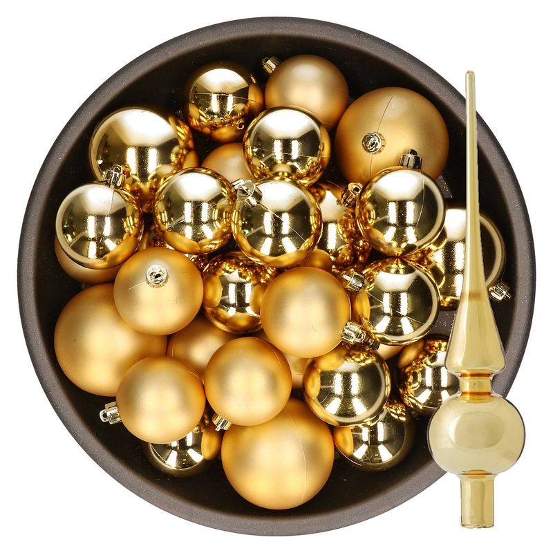 Foto van Kerstversiering kunststof kerstballen met piek goud 6-8-10 cm pakket van 45x stuks - kerstbal