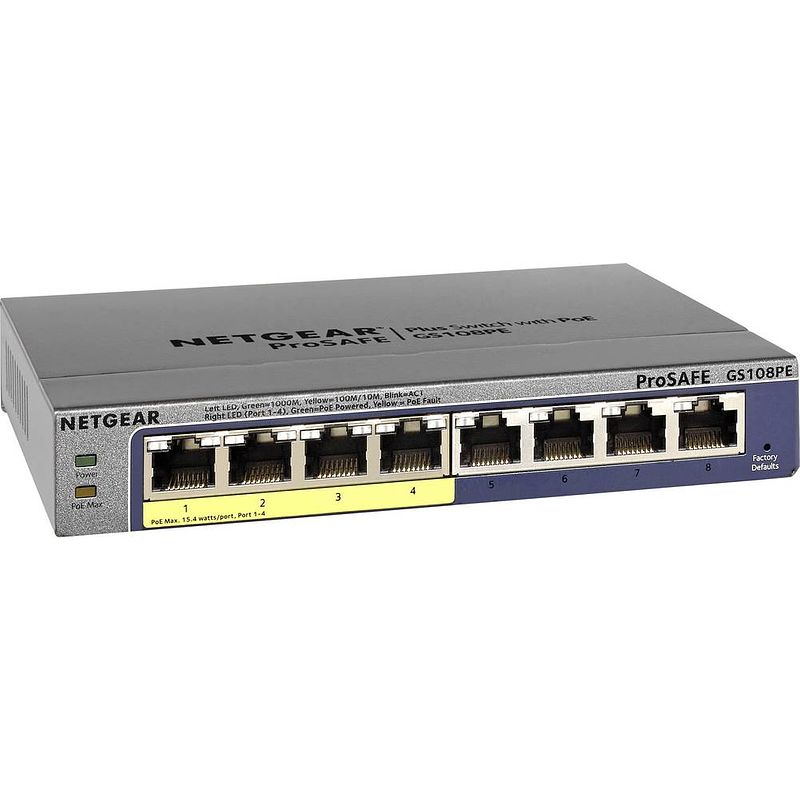 Foto van Netgear gs108pe netwerk switch 8 poorten 1 gbit/s poe-functie