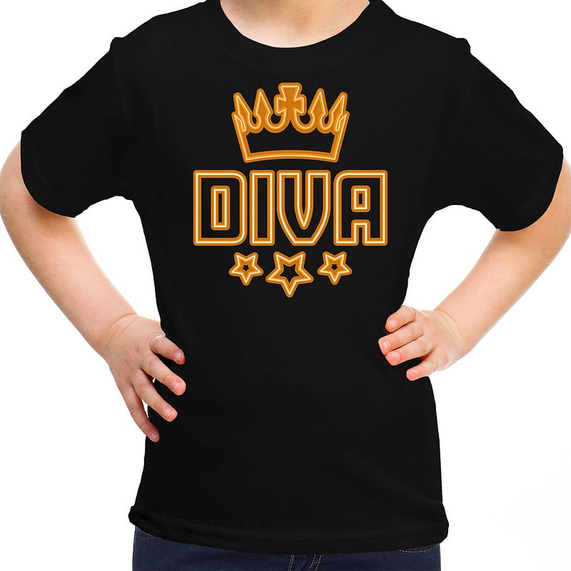 Foto van Koningsdag t-shirt - diva - voor meisjes - zwart 134-140 (m) - feestshirts