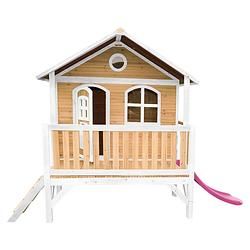 Foto van Axi stef speelhuis op palen & paarse glijbaan speelhuisje voor de tuin / buiten in bruin & wit van fsc hout