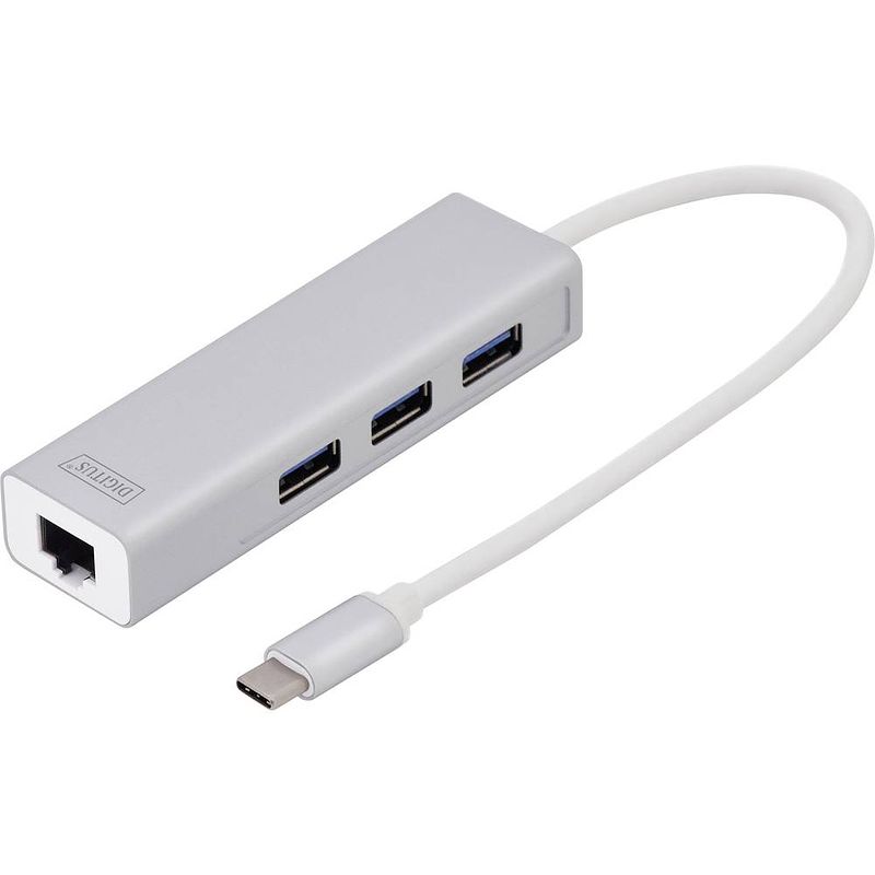 Foto van Digitus da-70255 3 + 1 poorten usb 3.2 gen 1-hub met ingebouwde netwerkaansluiting zilver