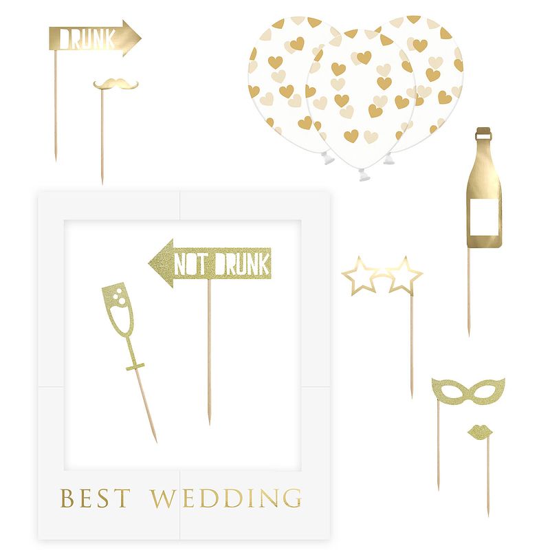 Foto van Partydeco photobooth selfie prop set best wedding - bruiloft - goud/wit - set 13x stuks - met frame - fotoprops
