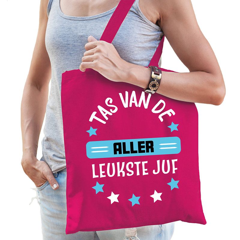 Foto van Bellatio decorations cadeau tas juf - fuchsia roze/blauw - 42 x 38 cm - tas van de aller leukste juf - feest boodschappe