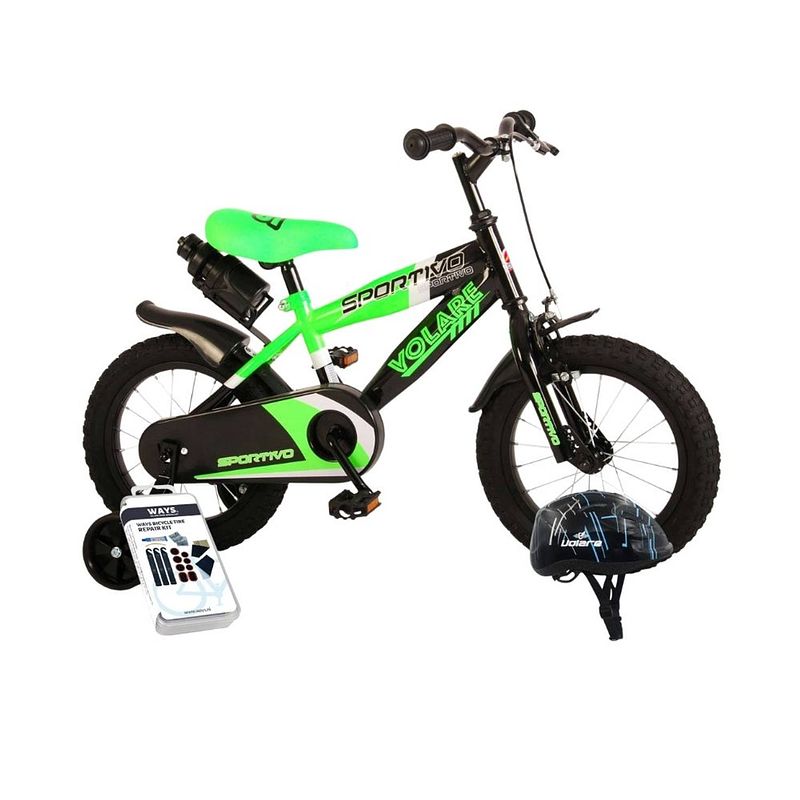 Foto van Volare kinderfiets sportivo - 14 inch - groen/zwart - met fietshelm & accessoires