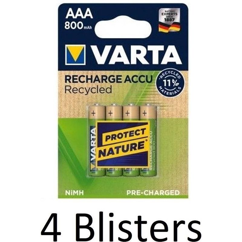 Foto van 16 stuks (4 blisters a 4 st) varta recharge accu recycled aaa oplaadbare batterijen 800 mah