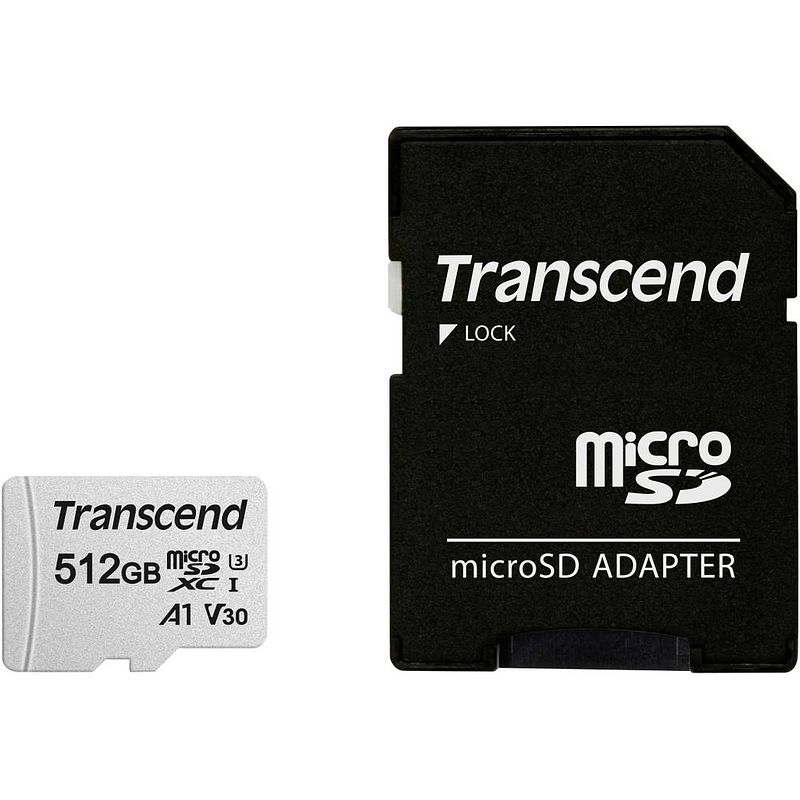 Foto van Transcend premium 300s microsdxc-kaart 512 gb class 10, uhs-i, uhs-class 3, v30 video speed class, a1 application performance class incl. sd-adapter