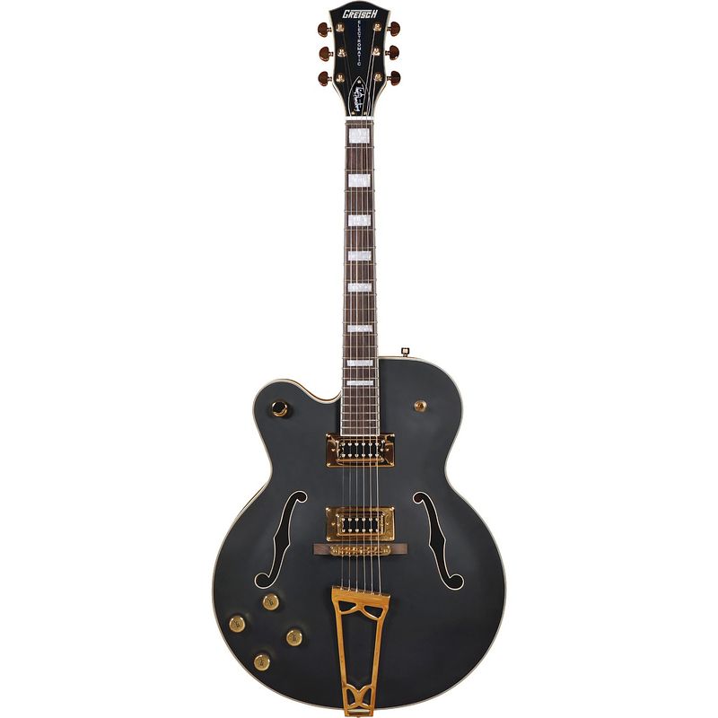 Foto van Gretsch g5191lh flat black tim armstrong signature electromatic hollow body linkshandige semi-akoestische gitaar