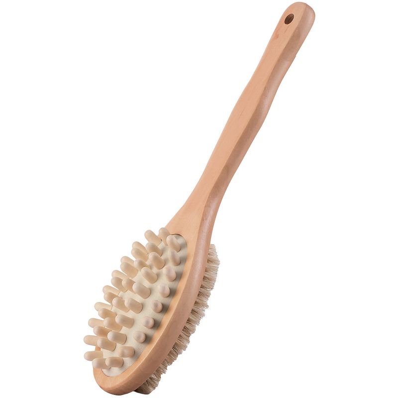 Foto van Msv bad/douche scrub massage borstel - hout - 32 cm - 2-in-1 - hard/zacht - badkameraccessoireset