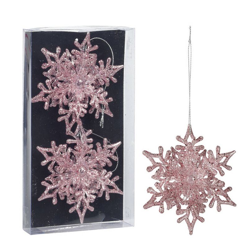 Foto van Christmas decoration kersthangers sneeuwvlokken 2x -roze -11,5 cm - kersthangers